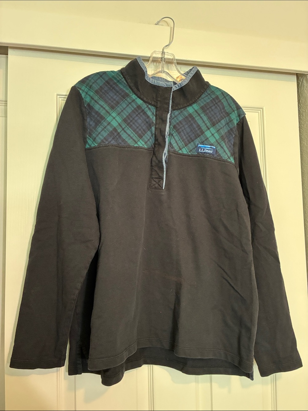 L.L. Bean Black Pullover with Green Plaid Yoke